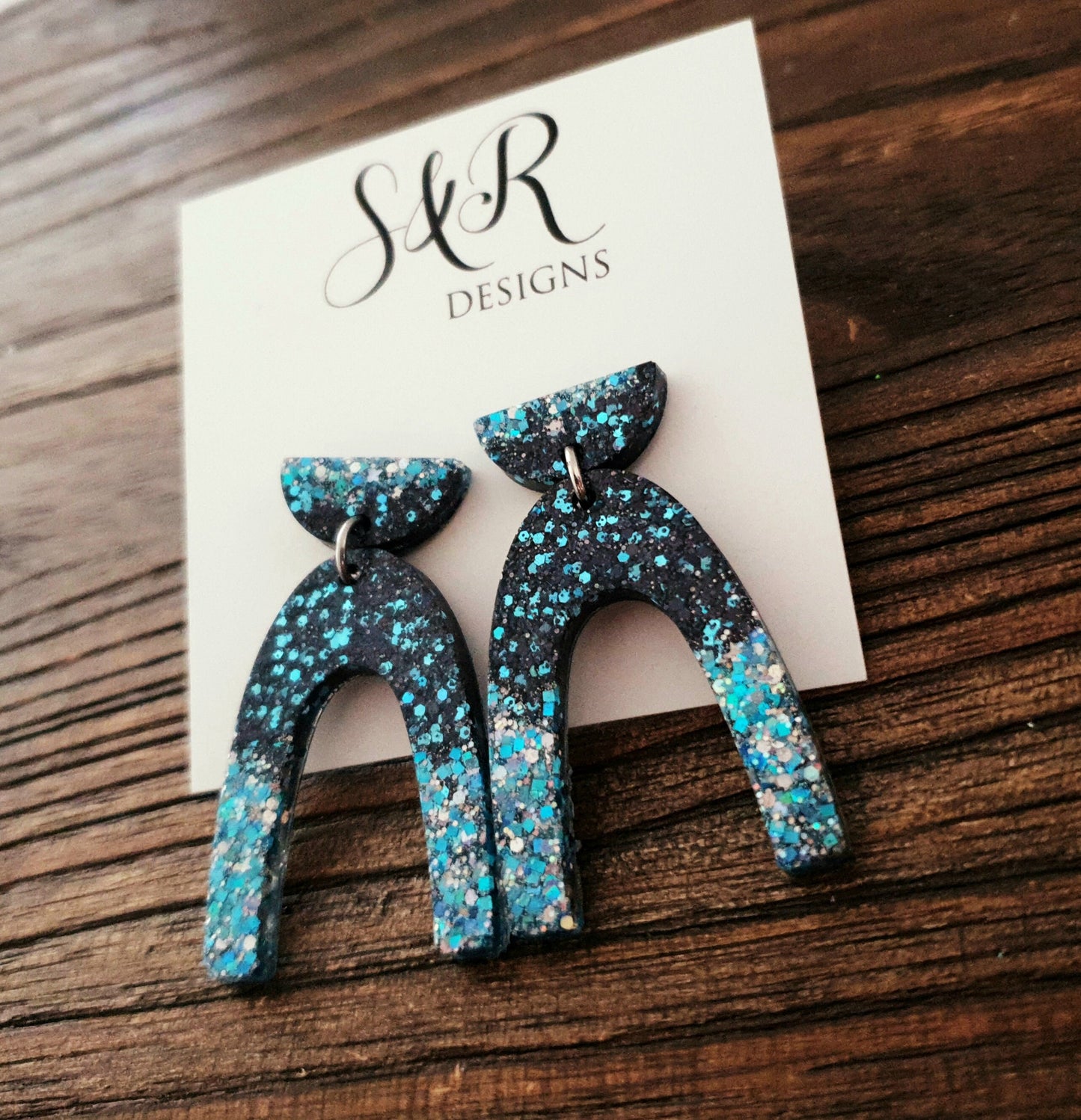 U Shape Dangle Earrings, Ice Blue Black Mix Glitter Earrings, Resin Dangle Earrings, Stainless Steel Earrings, Statement Earrings