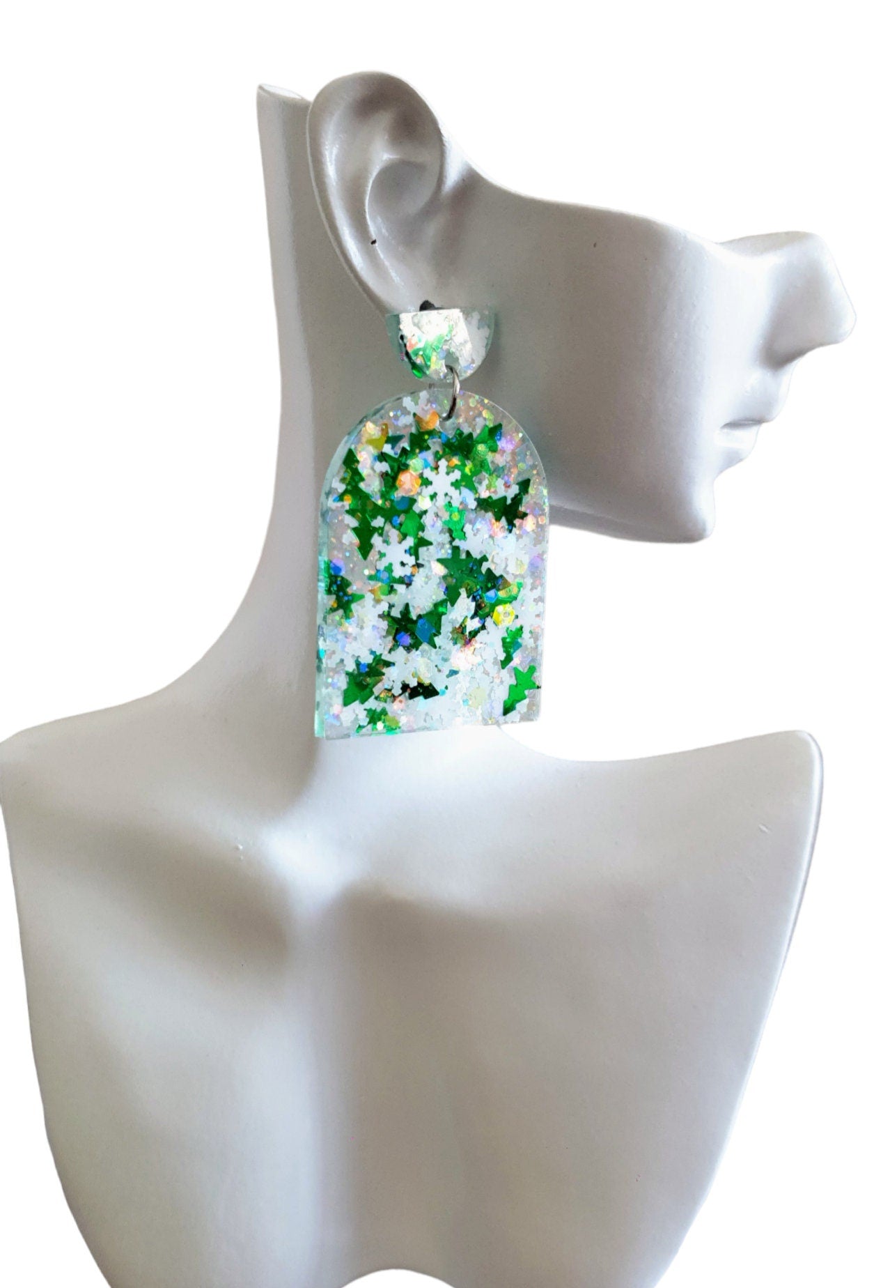 Green Trees and Snowflakes Glitter Arch Earrings, Metalic Green Holographic White Glitter Handmade Resin Dangles, Statement Christmas Gift