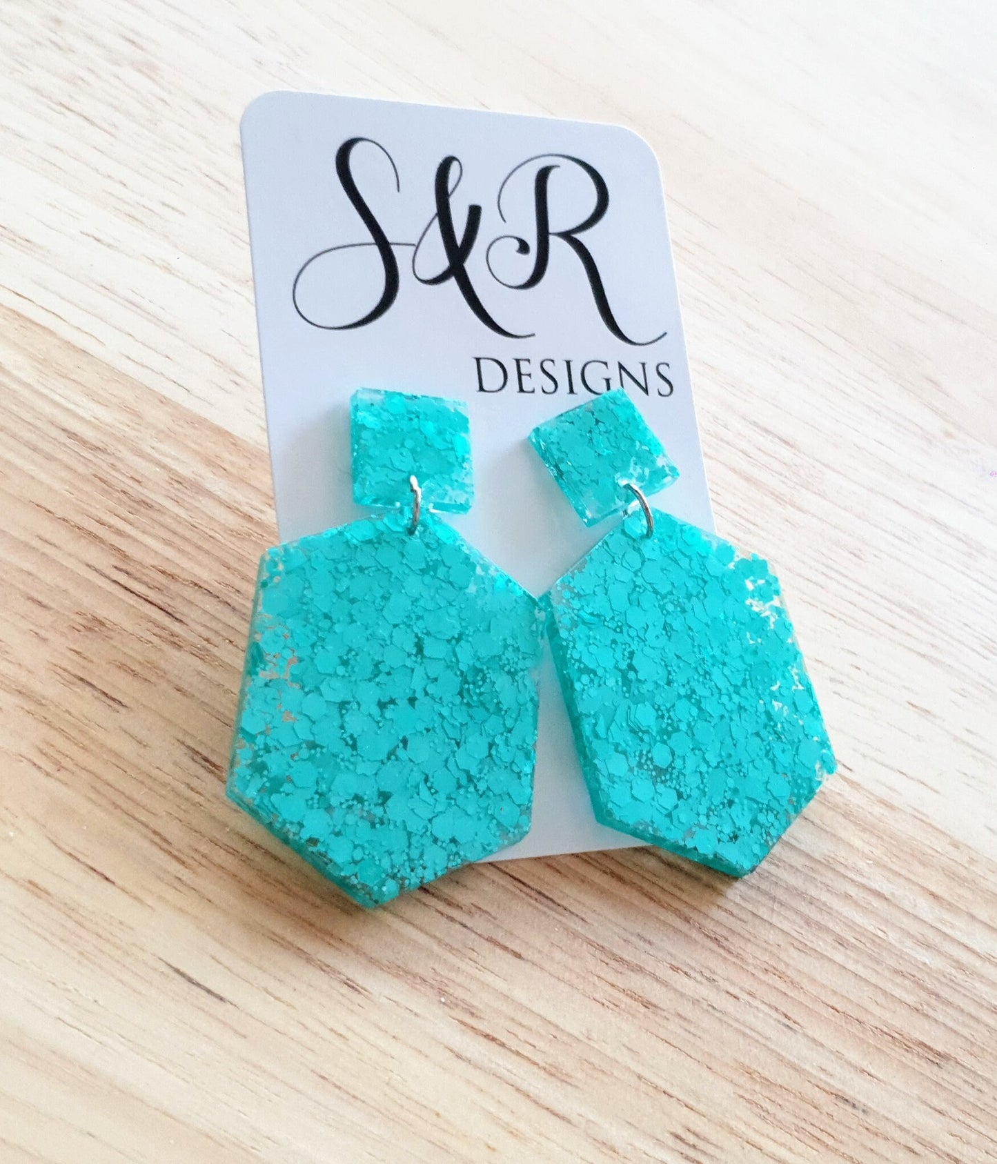 Mint Hexagon Square Dangle Drop Earrings, Resin Handmade Stud Earrings, Statement Earrings