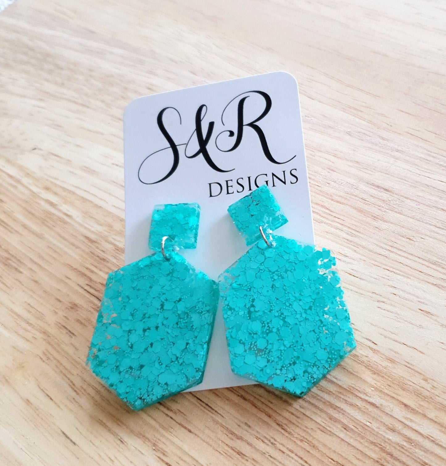 Mint Hexagon Square Dangle Drop Earrings, Resin Handmade Stud Earrings, Statement Earrings