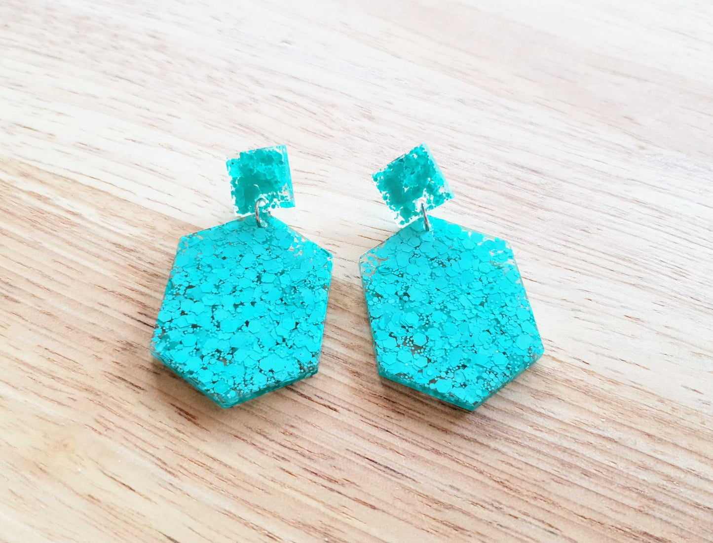 Mint Hexagon Square Dangle Drop Earrings, Resin Handmade Stud Earrings, Statement Earrings