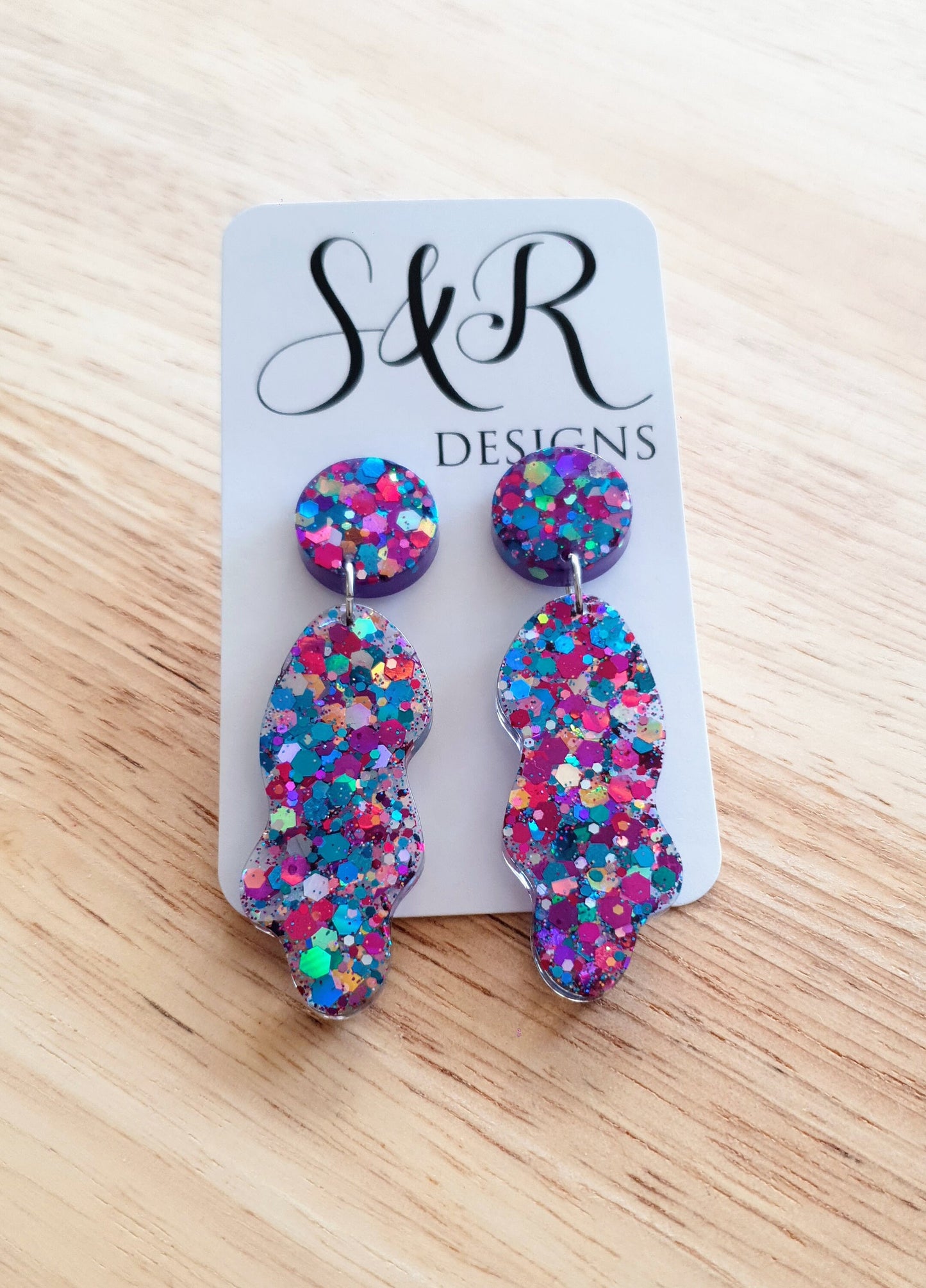 Multicoloured Wave Liquid Shape Dangle Drop Earrings, Metalic Blue, Pink, Purple, Orange, Red Mix Glitter, Statement Handmade Resin Earrings
