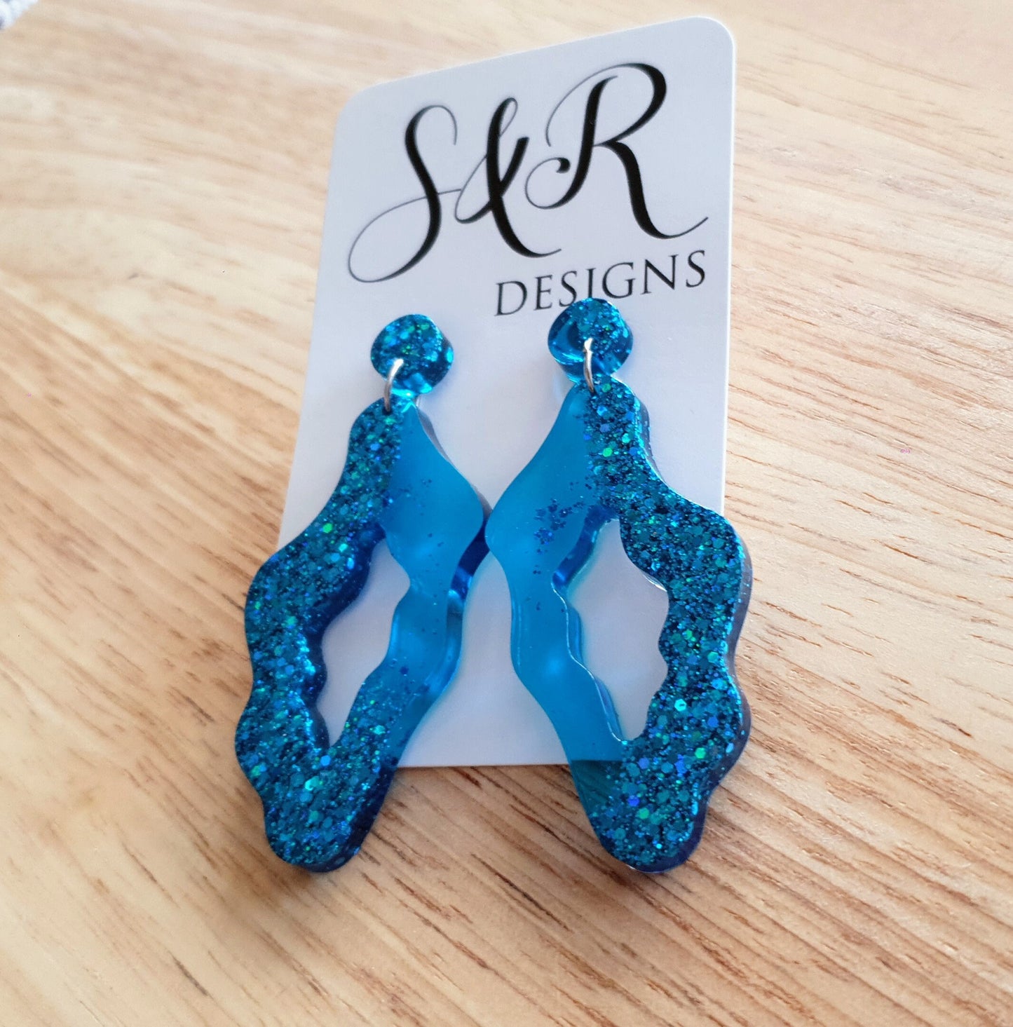 Brilliant Blue Wavy Liquid Shape Dangle Drop Earrings, Blue Glitter, Wave Statement Handmade Resin Earrings
