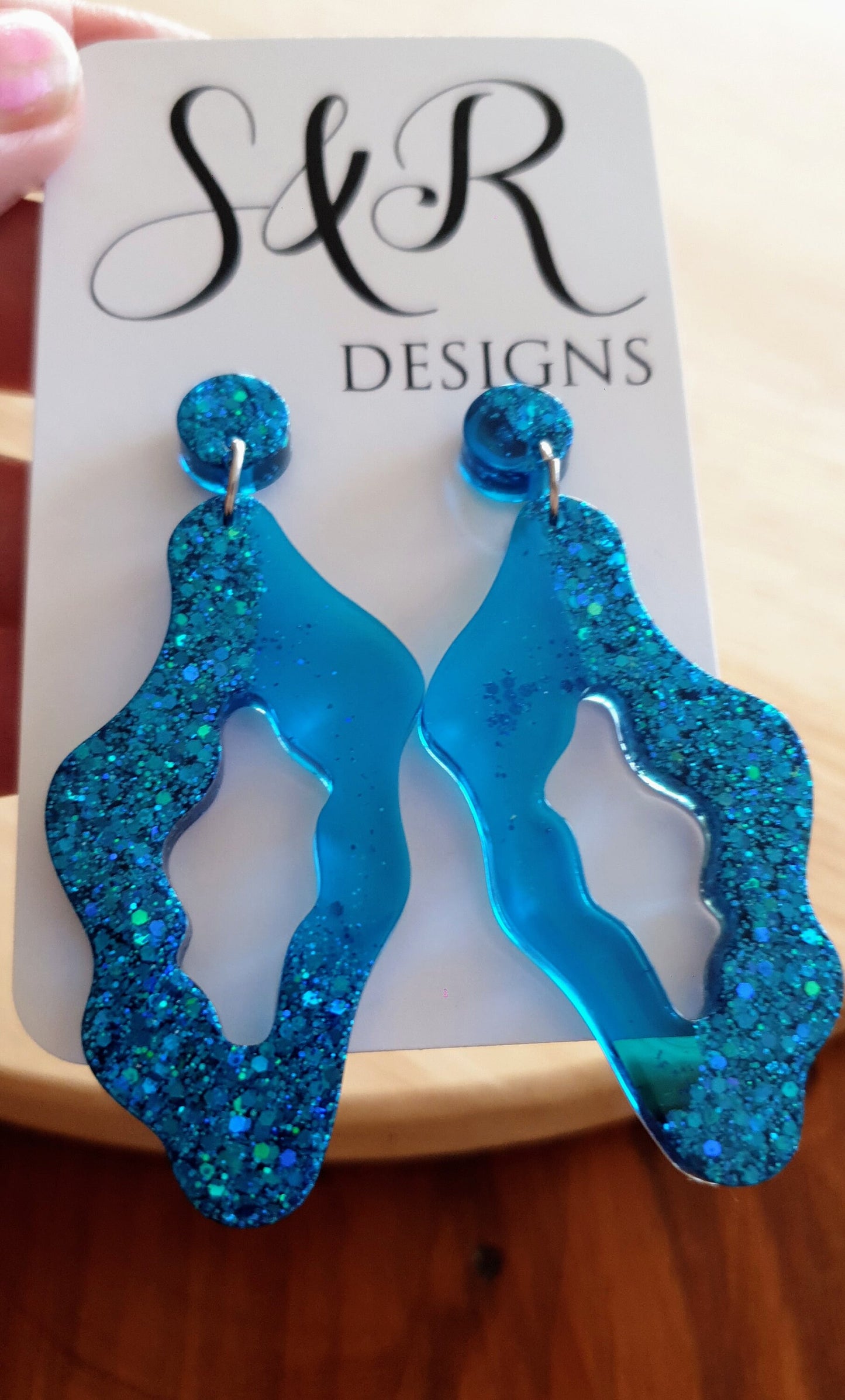 Brilliant Blue Wavy Liquid Shape Dangle Drop Earrings, Blue Glitter, Wave Statement Handmade Resin Earrings