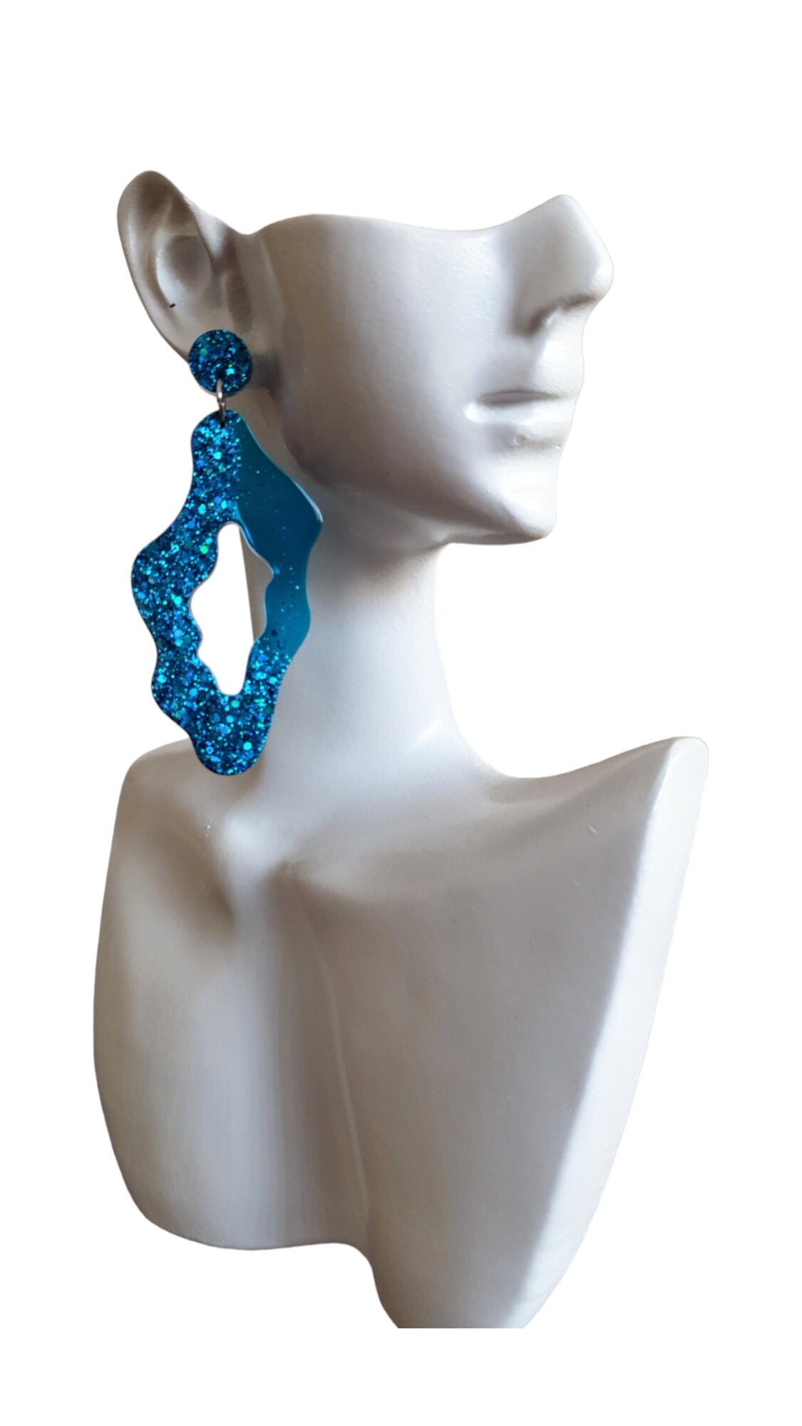 Brilliant Blue Wavy Liquid Shape Dangle Drop Earrings, Blue Glitter, Wave Statement Handmade Resin Earrings