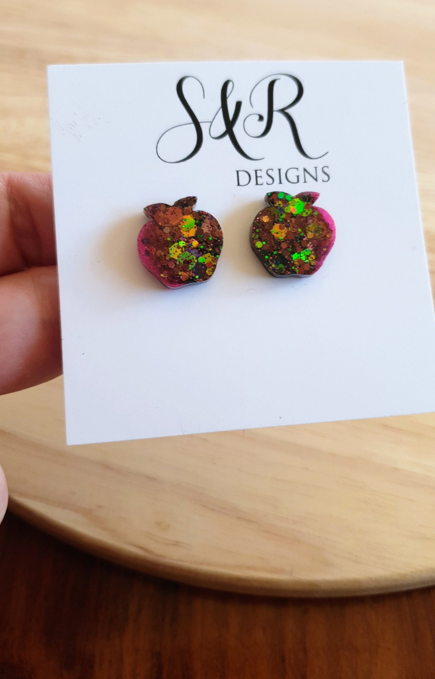 Apple Stud Earring, Pink, Emerald Green Brown Changing Glitter Resin Studs, Stainless Steel. 15mm