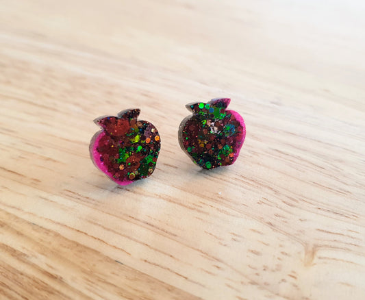 Apple Stud Earring, Pink, Emerald Green Brown Changing Glitter Resin Studs, Stainless Steel. 15mm