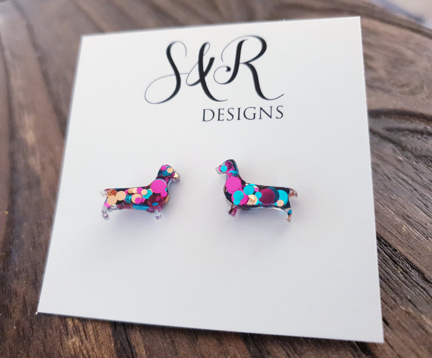 Dachshund Resin Stud Earrings, Aqua, Pink and Gold Mix Glitter Sausage Dog Earrings, Stainless Steel Studs