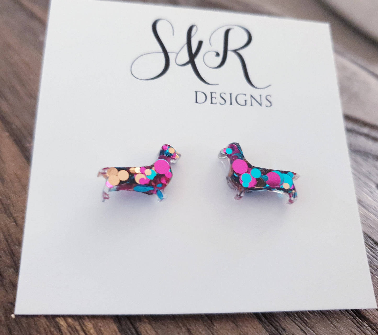 Dachshund Resin Stud Earrings, Aqua, Pink and Gold Mix Glitter Sausage Dog Earrings, Stainless Steel Studs