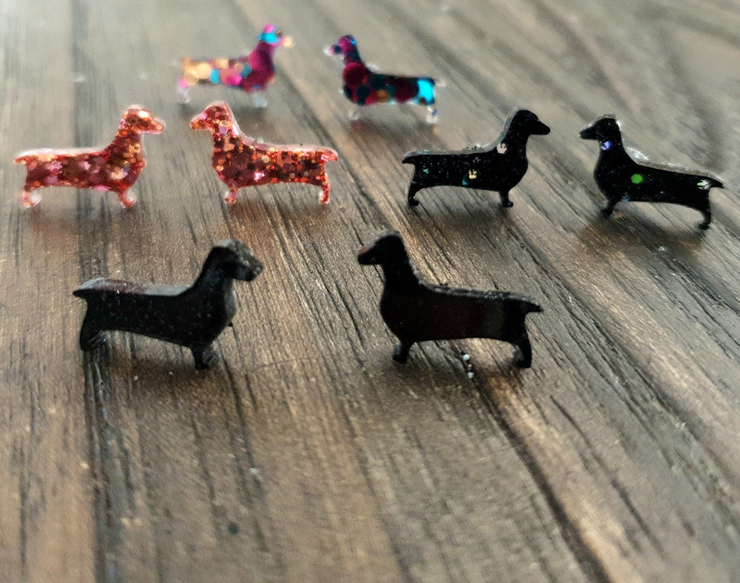 Dachshund Resin Stud Earrings, Aqua, Pink and Gold Mix Glitter Sausage Dog Earrings, Stainless Steel Studs