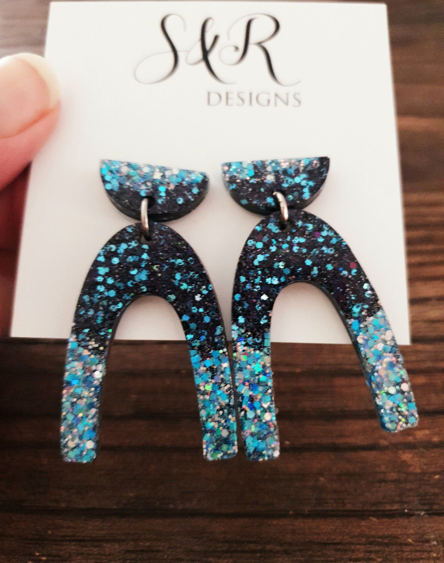 U Shape Dangle Earrings, Ice Blue Black Mix Glitter Earrings, Resin Dangle Earrings, Stainless Steel Earrings, Statement Earrings