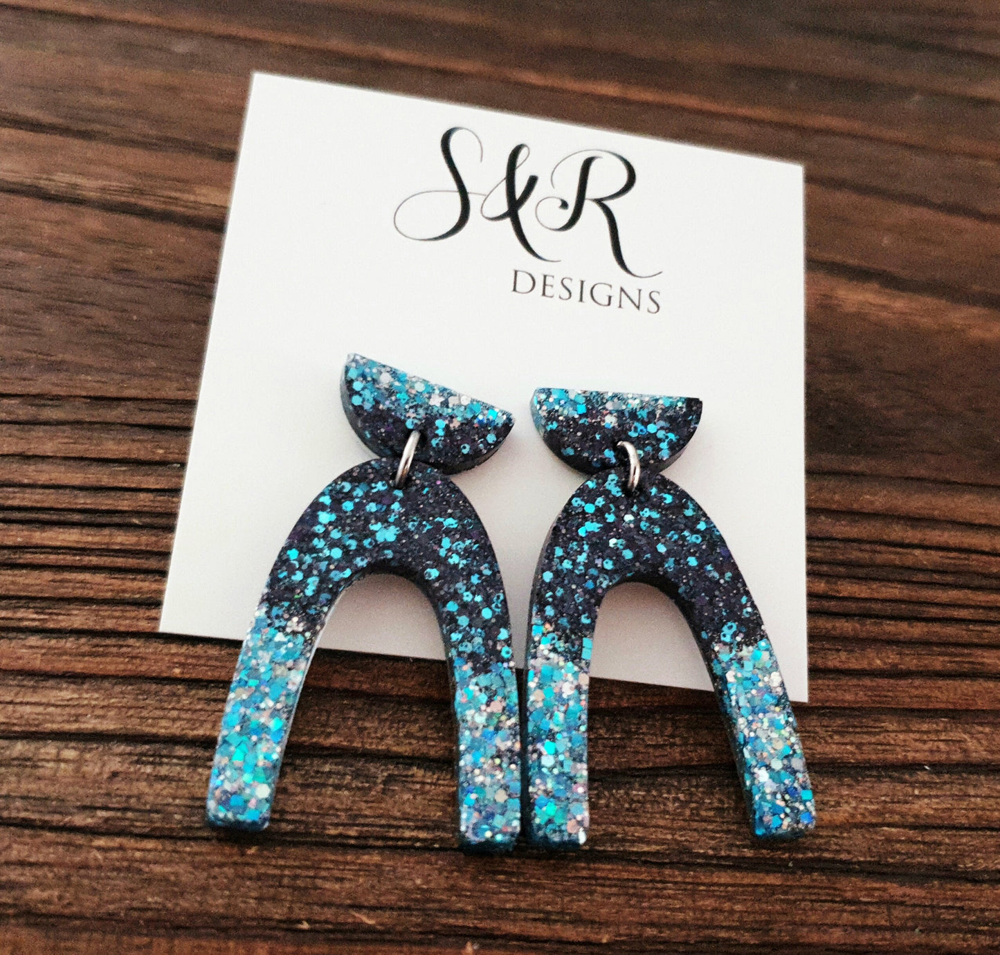 U Shape Dangle Earrings, Ice Blue Black Mix Glitter Earrings, Resin Dangle Earrings, Stainless Steel Earrings, Statement Earrings