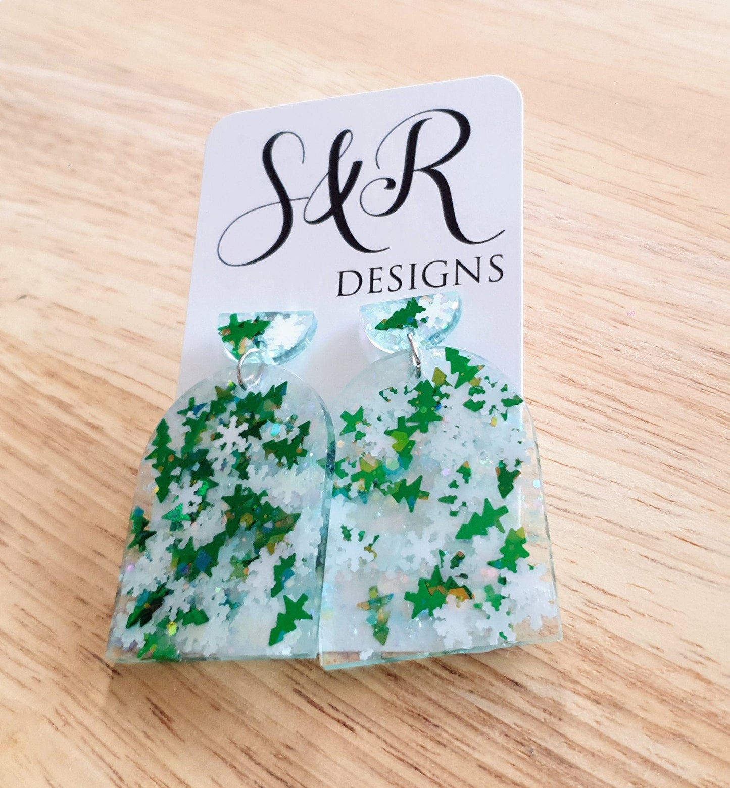 Green Trees and Snowflakes Glitter Arch Earrings, Metalic Green Holographic White Glitter Handmade Resin Dangles, Statement Christmas Gift