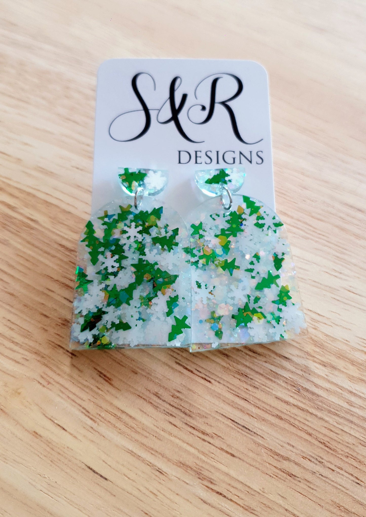 Green Trees and Snowflakes Glitter Arch Earrings, Metalic Green Holographic White Glitter Handmade Resin Dangles, Statement Christmas Gift
