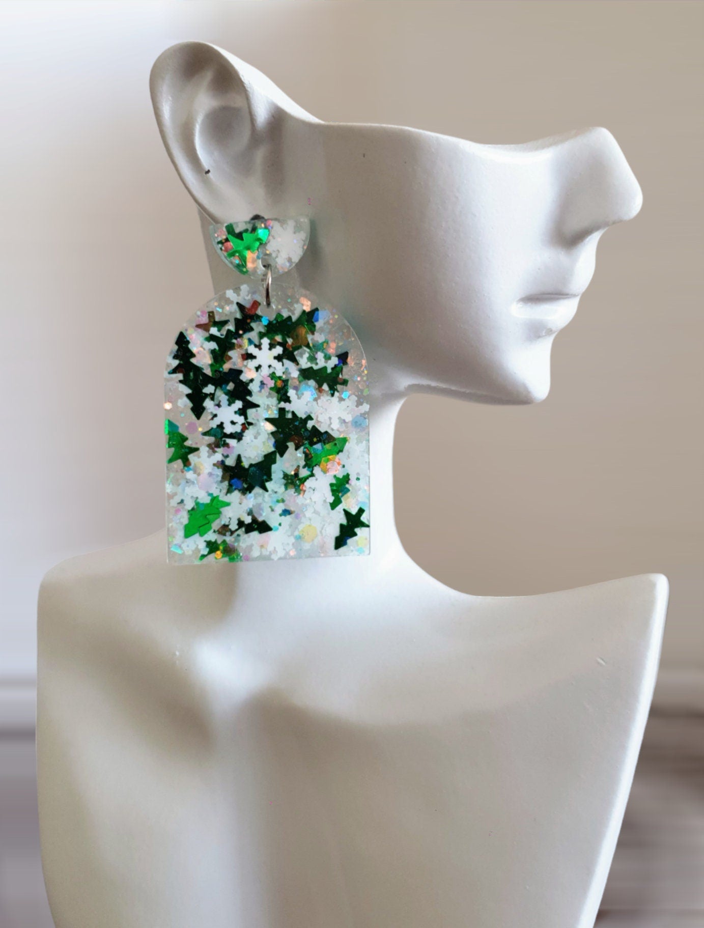 Green Trees and Snowflakes Glitter Arch Earrings, Metalic Green Holographic White Glitter Handmade Resin Dangles, Statement Christmas Gift