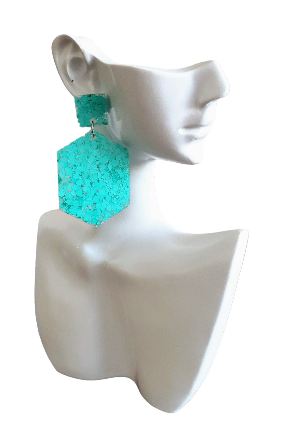 Mint Hexagon Square Dangle Drop Earrings, Resin Handmade Stud Earrings, Statement Earrings