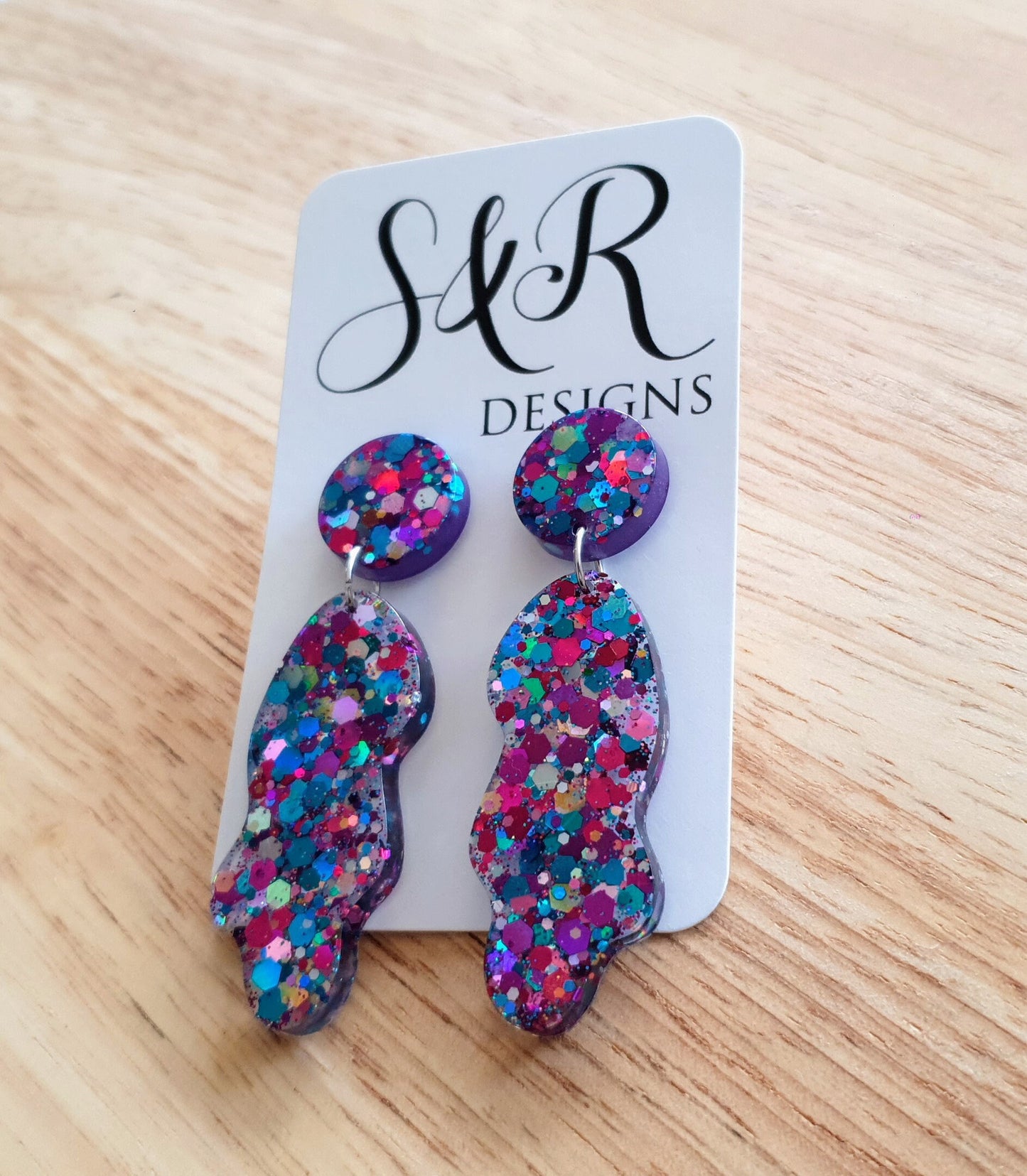 Multicoloured Wave Liquid Shape Dangle Drop Earrings, Metalic Blue, Pink, Purple, Orange, Red Mix Glitter, Statement Handmade Resin Earrings