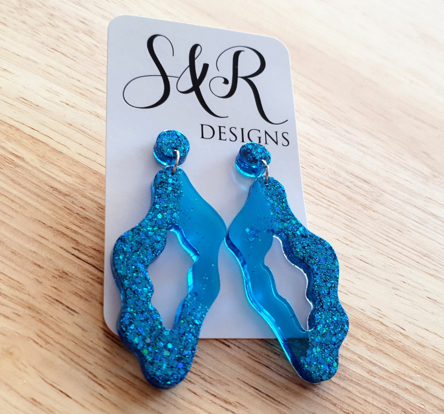 Brilliant Blue Wavy Liquid Shape Dangle Drop Earrings, Blue Glitter, Wave Statement Handmade Resin Earrings