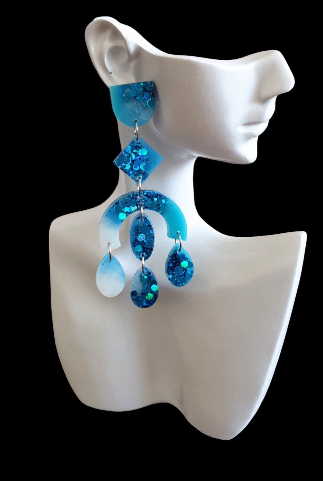 Blue Large Oversized Chandelier Dangle Earrings, Purple, Blue, Green, White and Blue Glitter Dangles, Statement Long Glitter Earrings