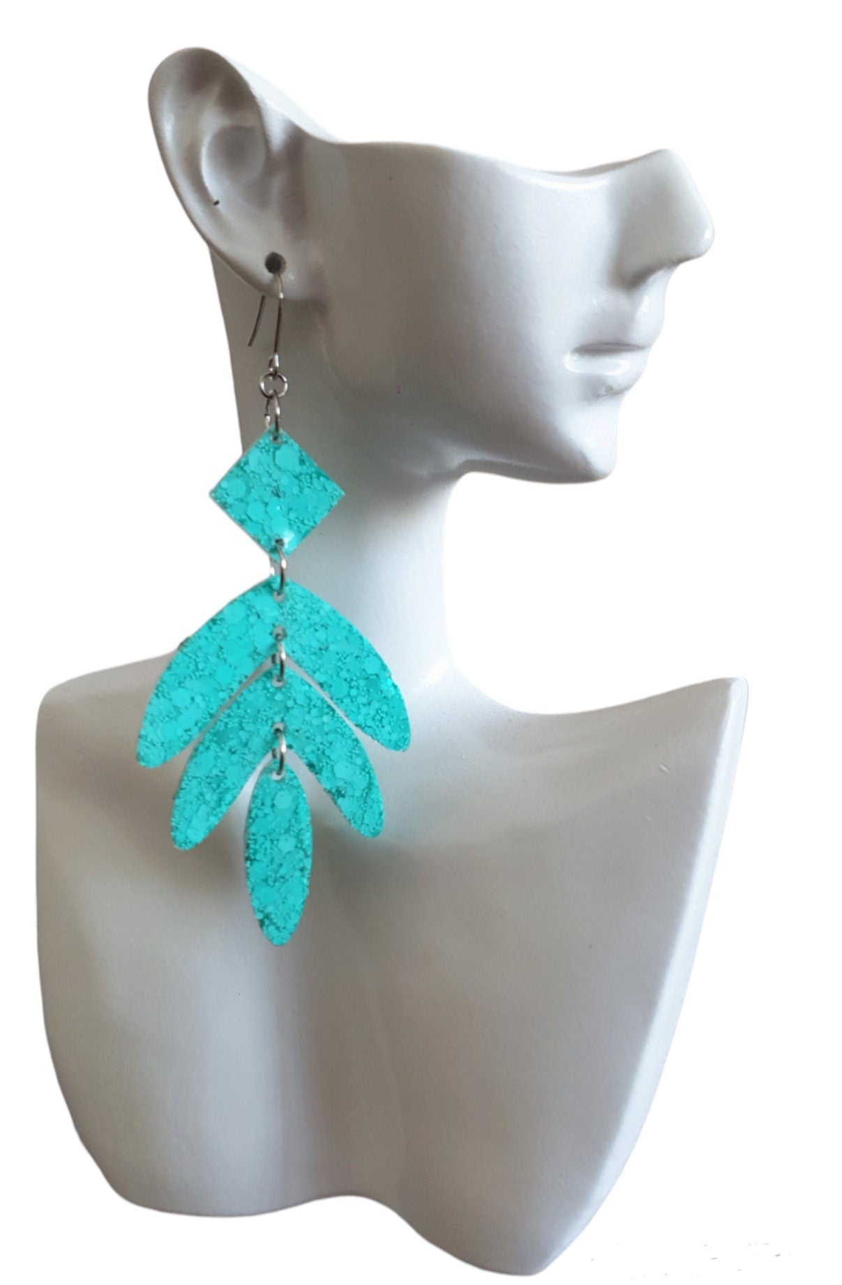 Mint Glitter Leaves Dangle Drop Hook Earrings, Green Mint Glitter Resin Dangles, Statement Chandelier Earrings with Stainless Steel