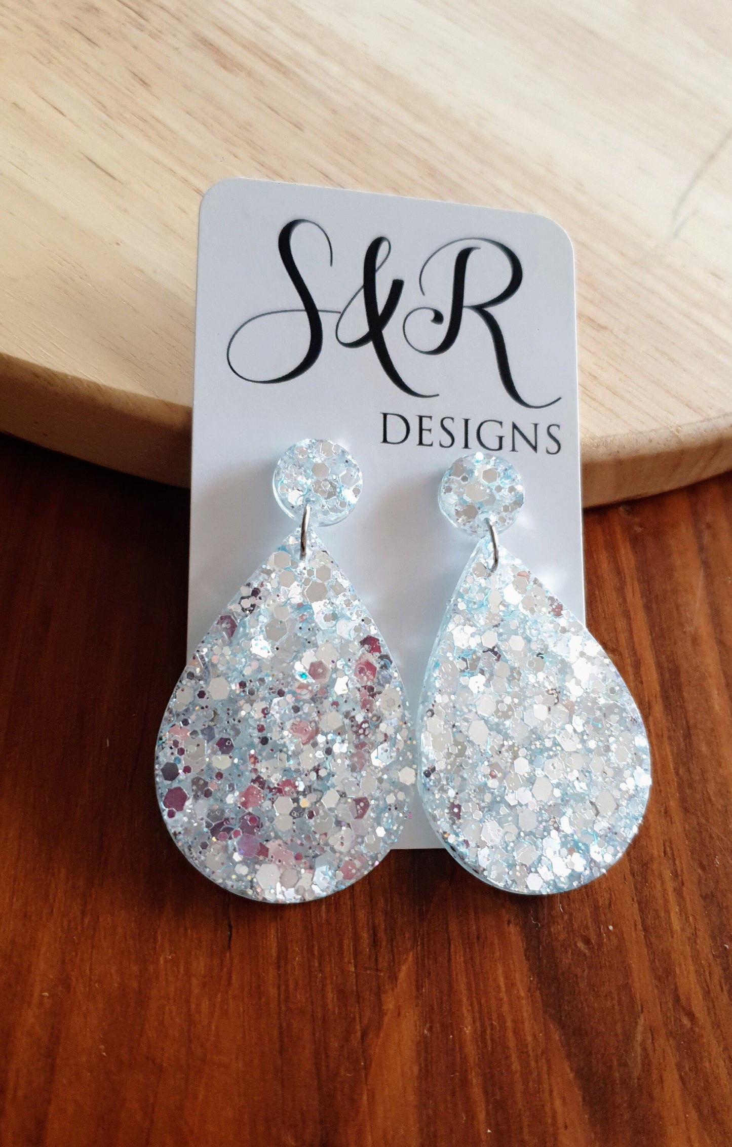 Teardrops Resin Long Salty Blue Earrings, Very Light Blue with Holographic Silver Glitter Resin, Stainless Steel, Statement Earrings