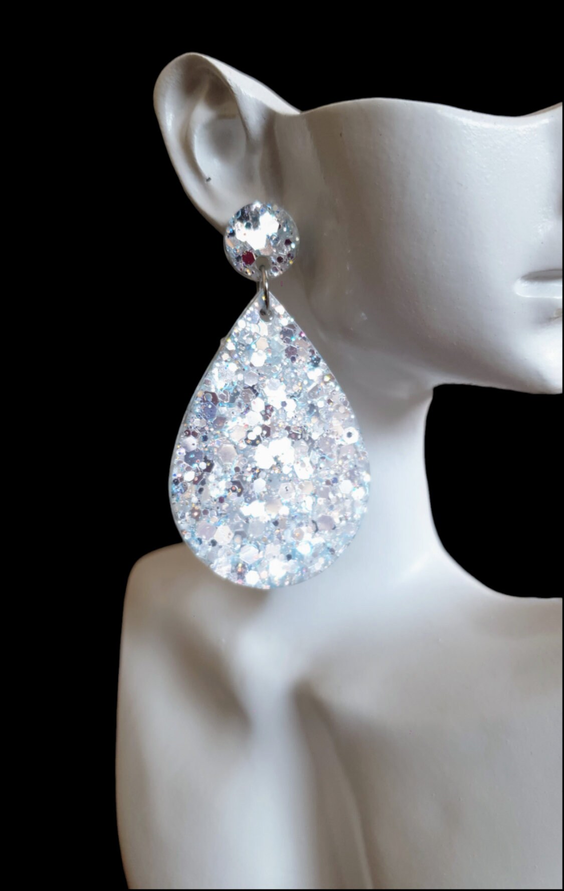 Teardrops Resin Long Salty Blue Earrings, Very Light Blue with Holographic Silver Glitter Resin, Stainless Steel, Statement Earrings