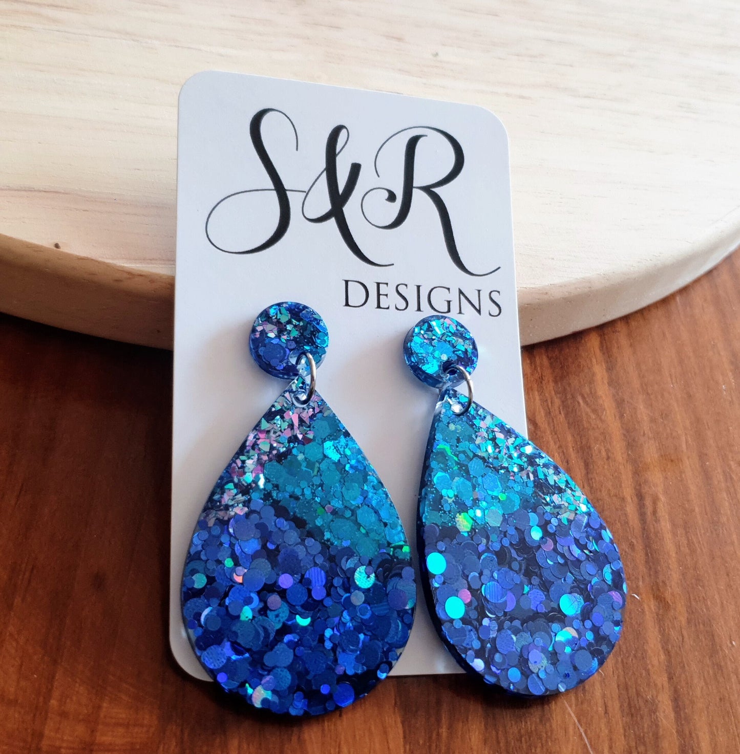 Teardrops Resin Long Multi Electric Blue Earrings, Blue Mix Glitter Resin, Stainless Steel, Statement Earrings