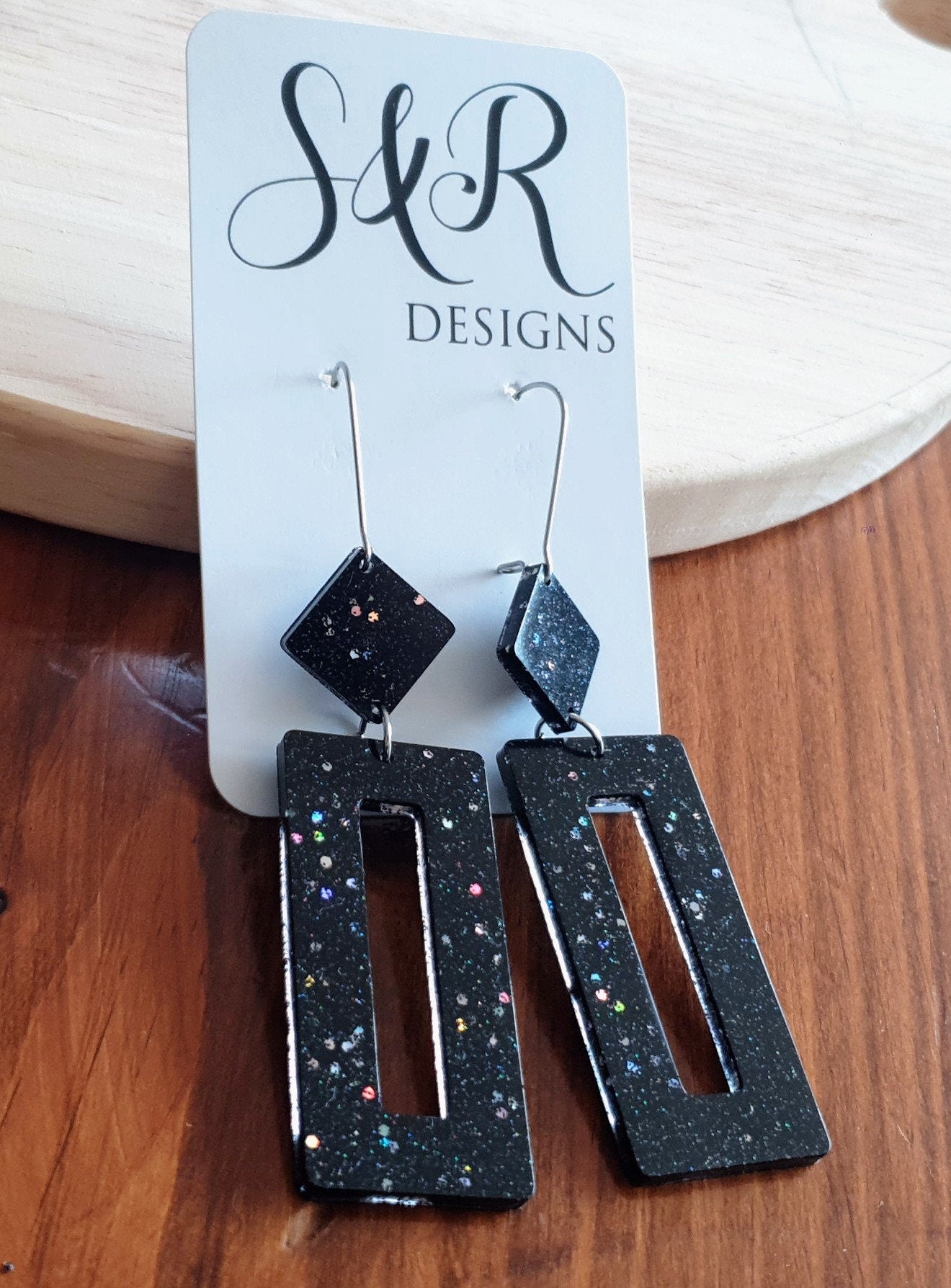Rectangle Long Dangle Latchback Earwire Earrings, Black Holographic Glitter Resin Dangle, Stainless Steel, Statement Earrings