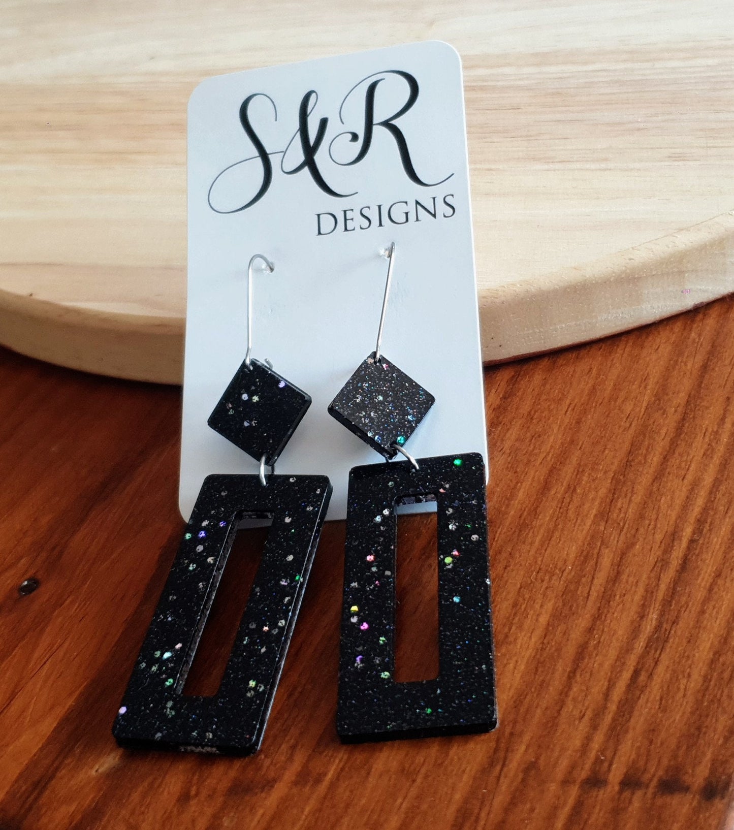 Rectangle Long Dangle Latchback Earwire Earrings, Black Holographic Glitter Resin Dangle, Stainless Steel, Statement Earrings