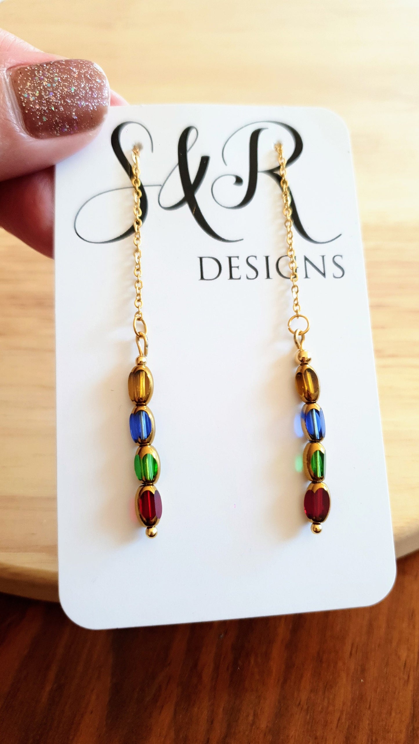 Gold Multicoloured Glass Beaded Threaders Drop Earrings, Stainless Steel with Red Green, Blue and Yellow Gold Glass Beads