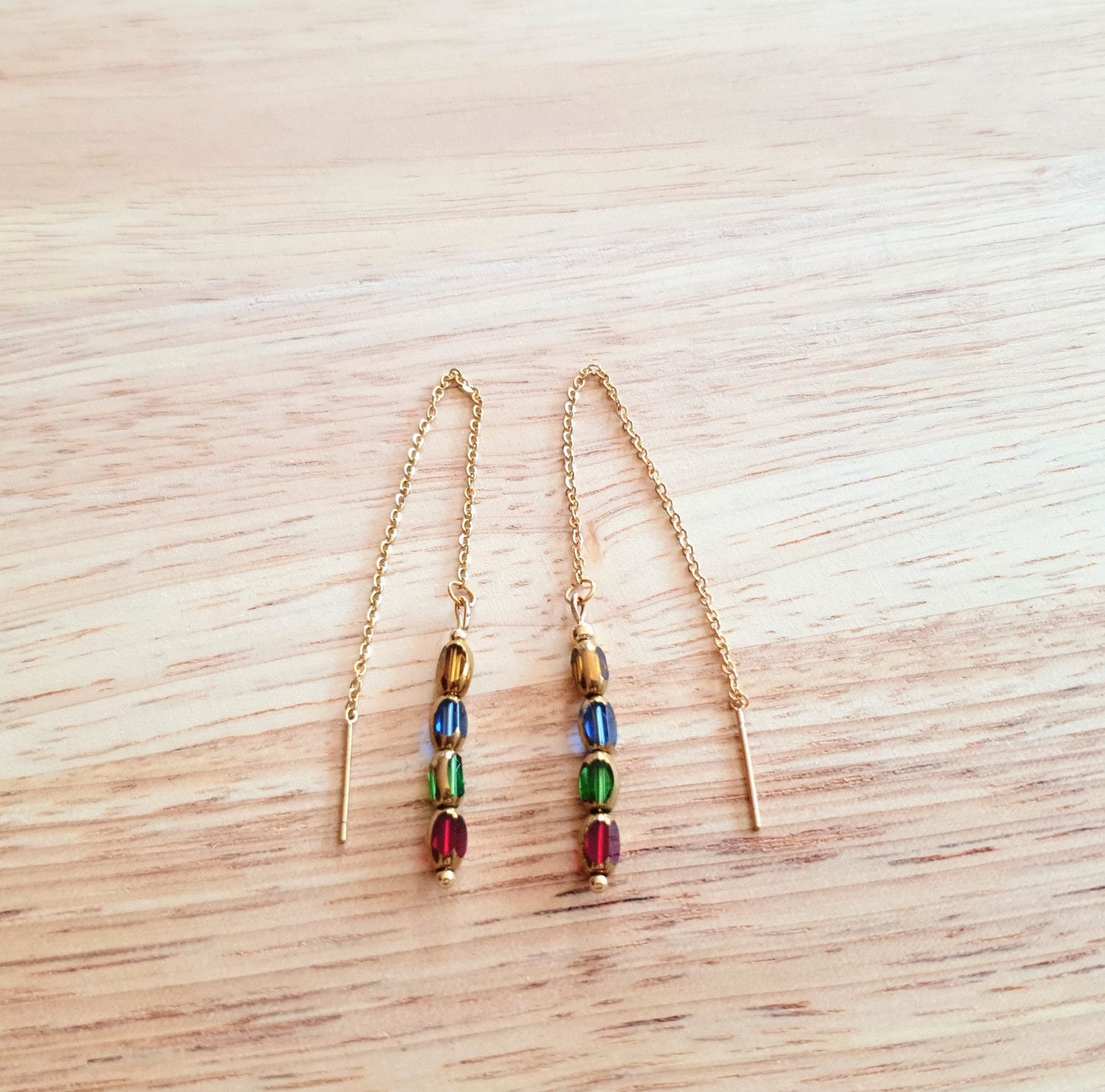 Gold Multicoloured Glass Beaded Threaders Drop Earrings, Stainless Steel with Red Green, Blue and Yellow Gold Glass Beads