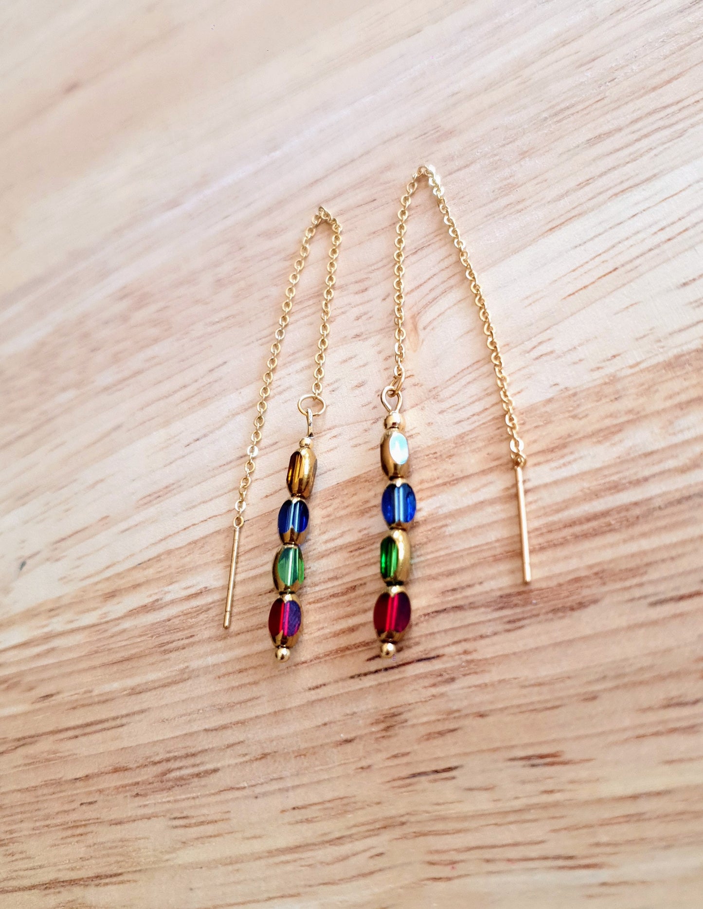 Gold Multicoloured Glass Beaded Threaders Drop Earrings, Stainless Steel with Red Green, Blue and Yellow Gold Glass Beads