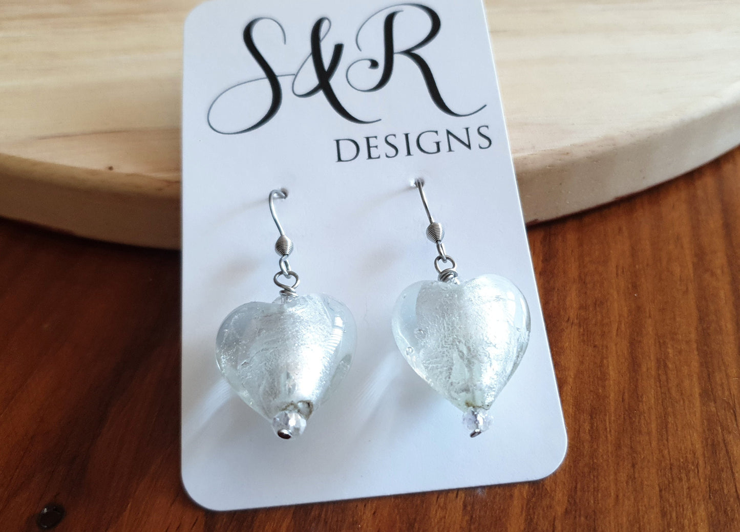 Statement Heart Glass Beaded Earwire Earrings, Stainless Steel Beaded Earwire Dangle Earrings