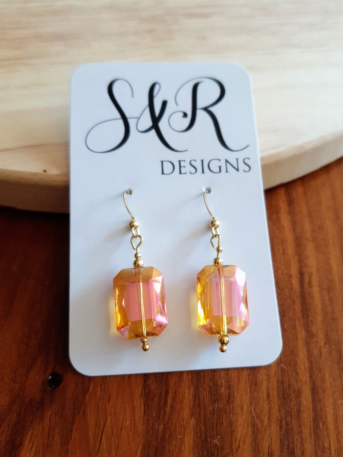 Statement Pink Yellow Rectangle Drop Earrings, Multicoloured Glass Hook Earwire Gold Earrings, Stainless Steel