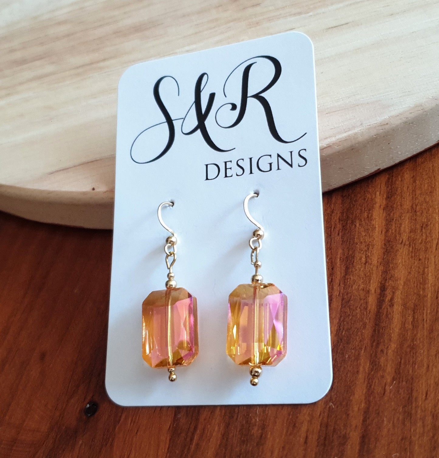 Statement Pink Yellow Rectangle Drop Earrings, Multicoloured Glass Hook Earwire Gold Earrings, Stainless Steel