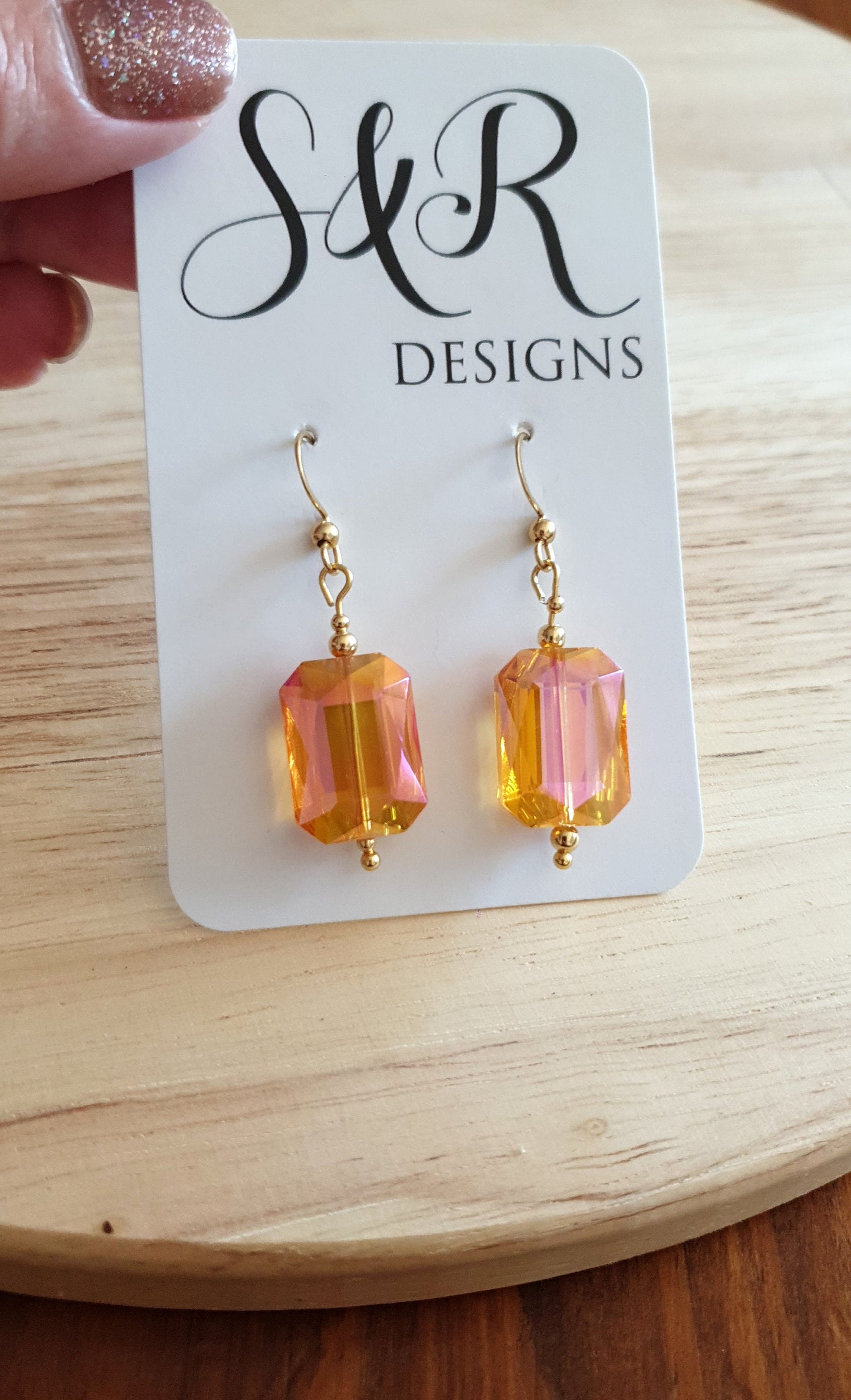 Statement Pink Yellow Rectangle Drop Earrings, Multicoloured Glass Hook Earwire Gold Earrings, Stainless Steel