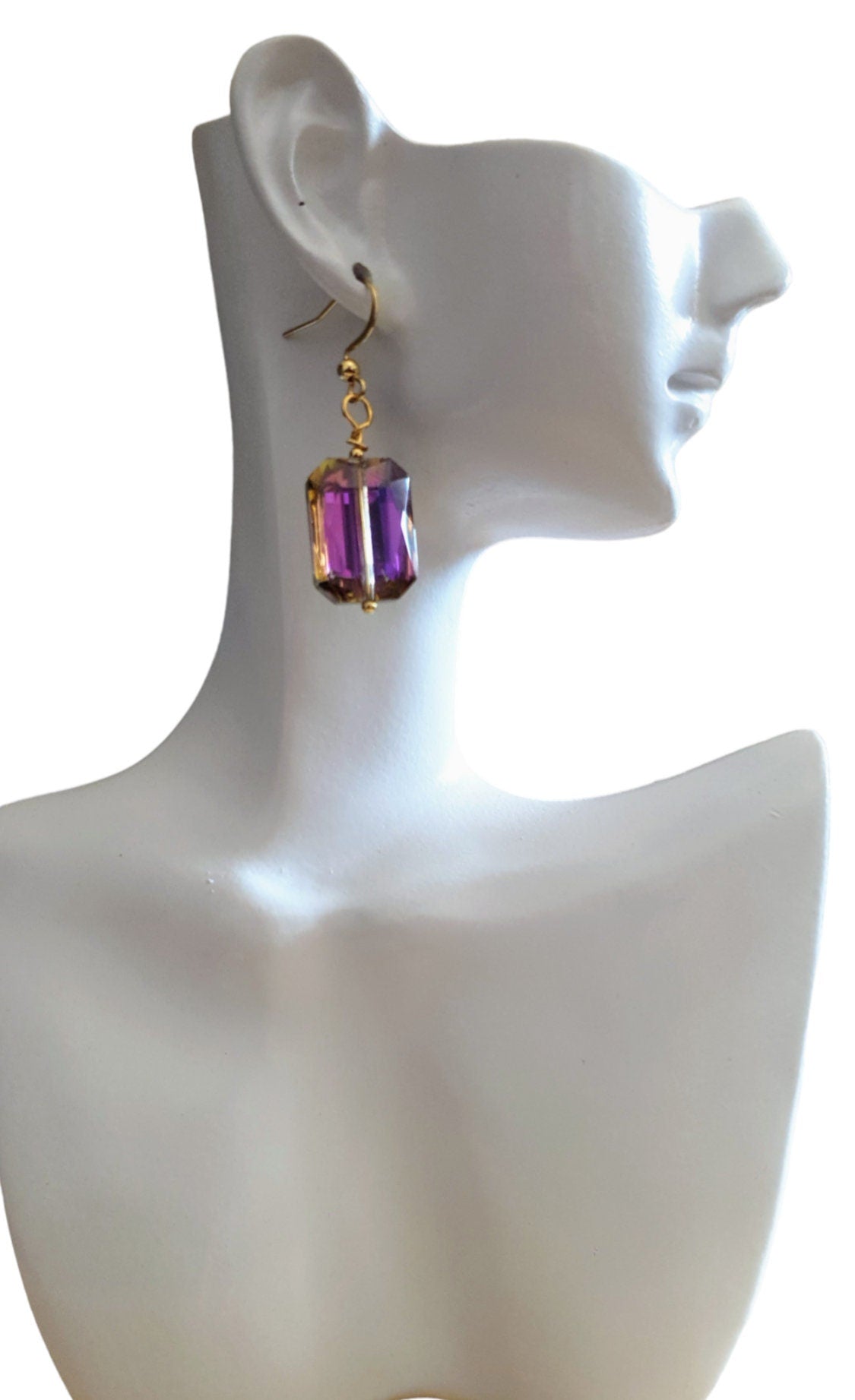 Statement Purple Pink Blue Rectangle Drop Earrings, Multicoloured Glass Hook Earwire Gold Earrings, Stainless Steel