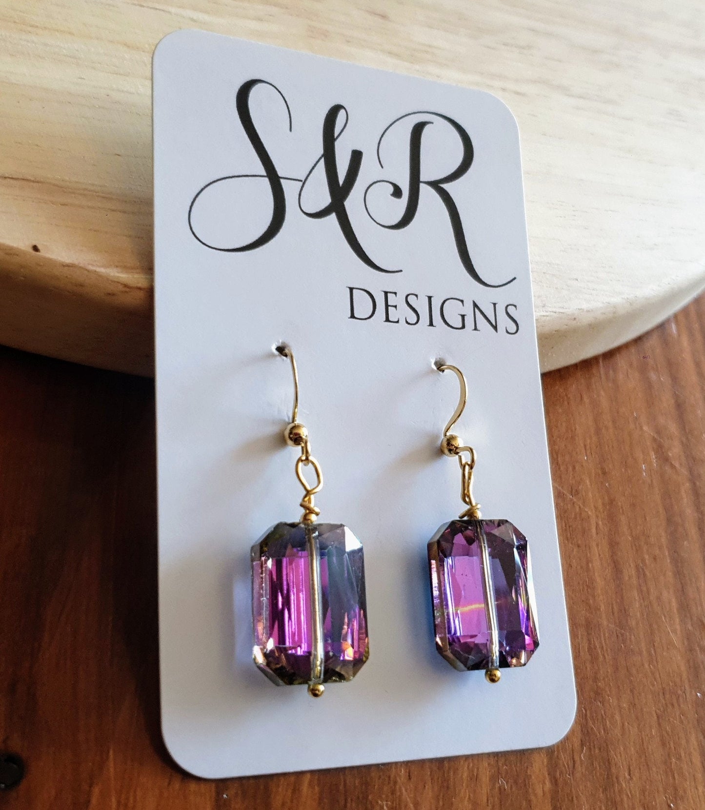 Statement Purple Pink Blue Rectangle Drop Earrings, Multicoloured Glass Hook Earwire Gold Earrings, Stainless Steel