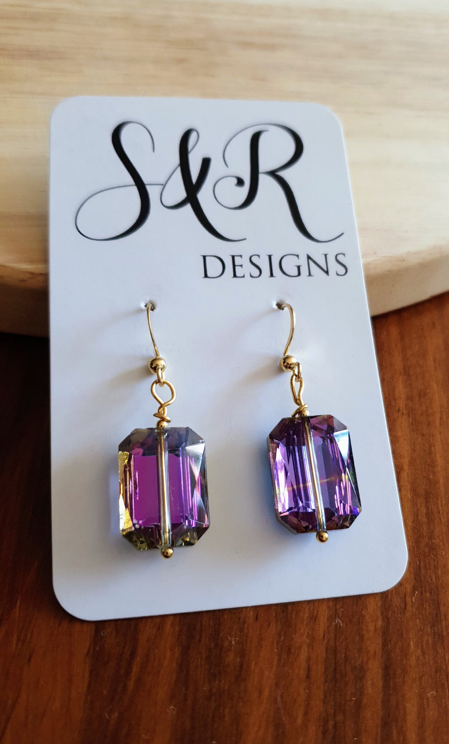 Statement Purple Pink Blue Rectangle Drop Earrings, Multicoloured Glass Hook Earwire Gold Earrings, Stainless Steel