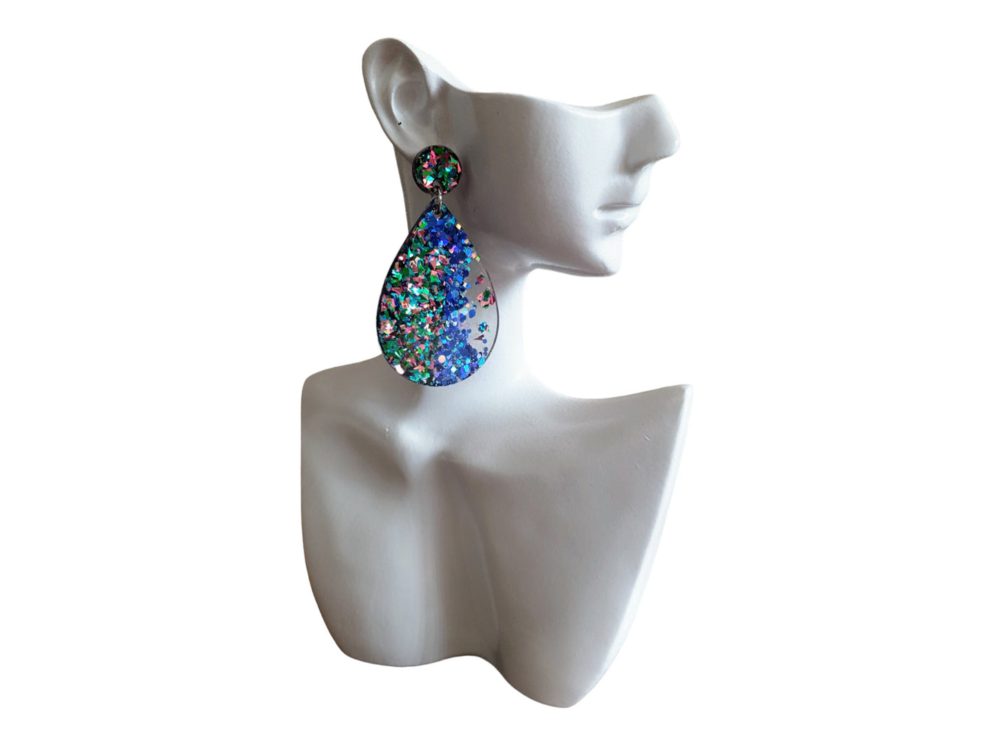 Teardrops Resin Long Multi Electric Blue Teal Pink Mix Earrings, Blue Mix Glitter Resin, Stainless Steel, Statement Earrings