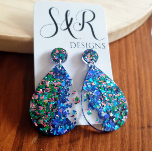 Teardrops Resin Long Multi Electric Blue Teal Pink Mix Earrings, Blue Mix Glitter Resin, Stainless Steel, Statement Earrings