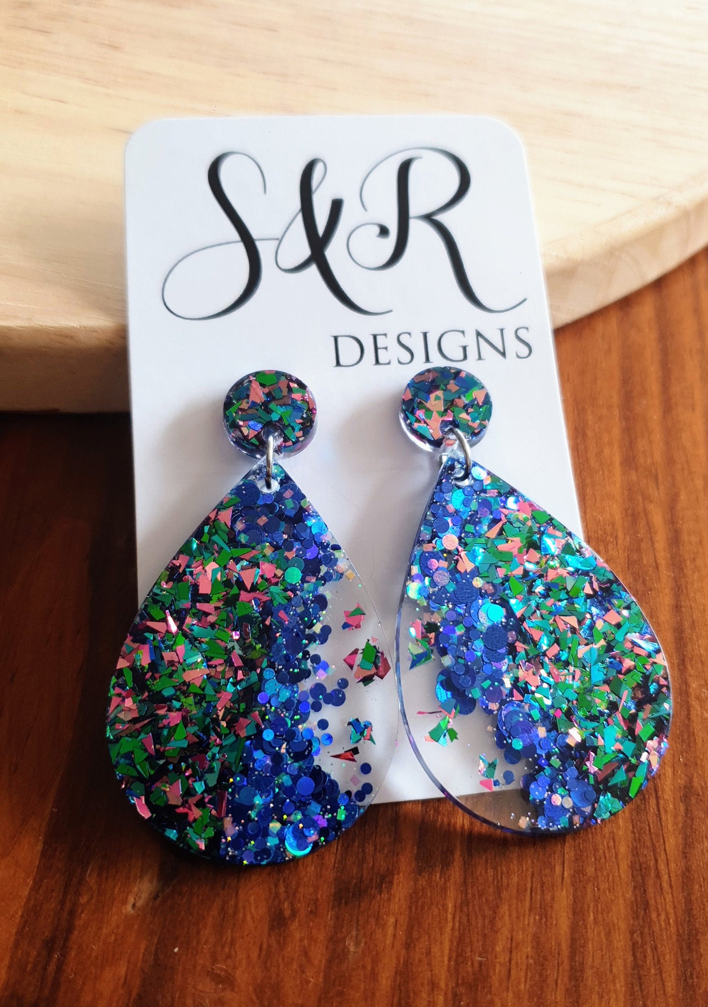 Teardrops Resin Long Multi Electric Blue Teal Pink Mix Earrings, Blue Mix Glitter Resin, Stainless Steel, Statement Earrings