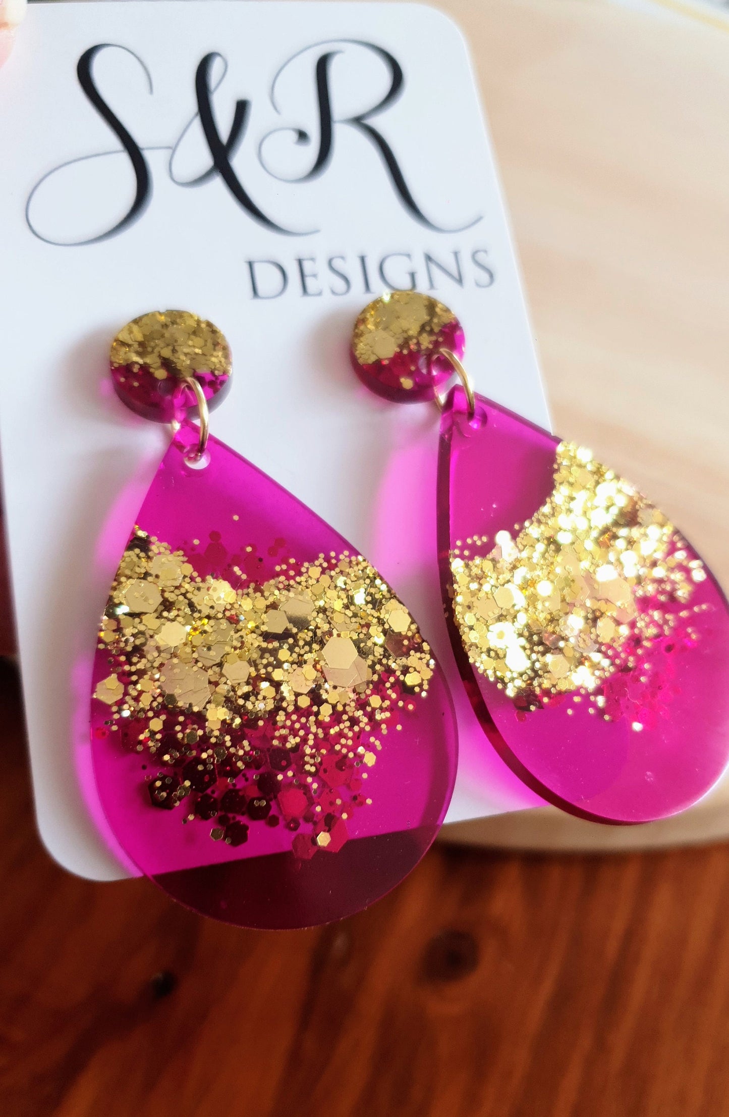 Teardrops Pink Magenta Gold Drop Earrings, Pink with Gold Glitter Resin Dangles, Stainless Steel, Statement Handmade Earrings