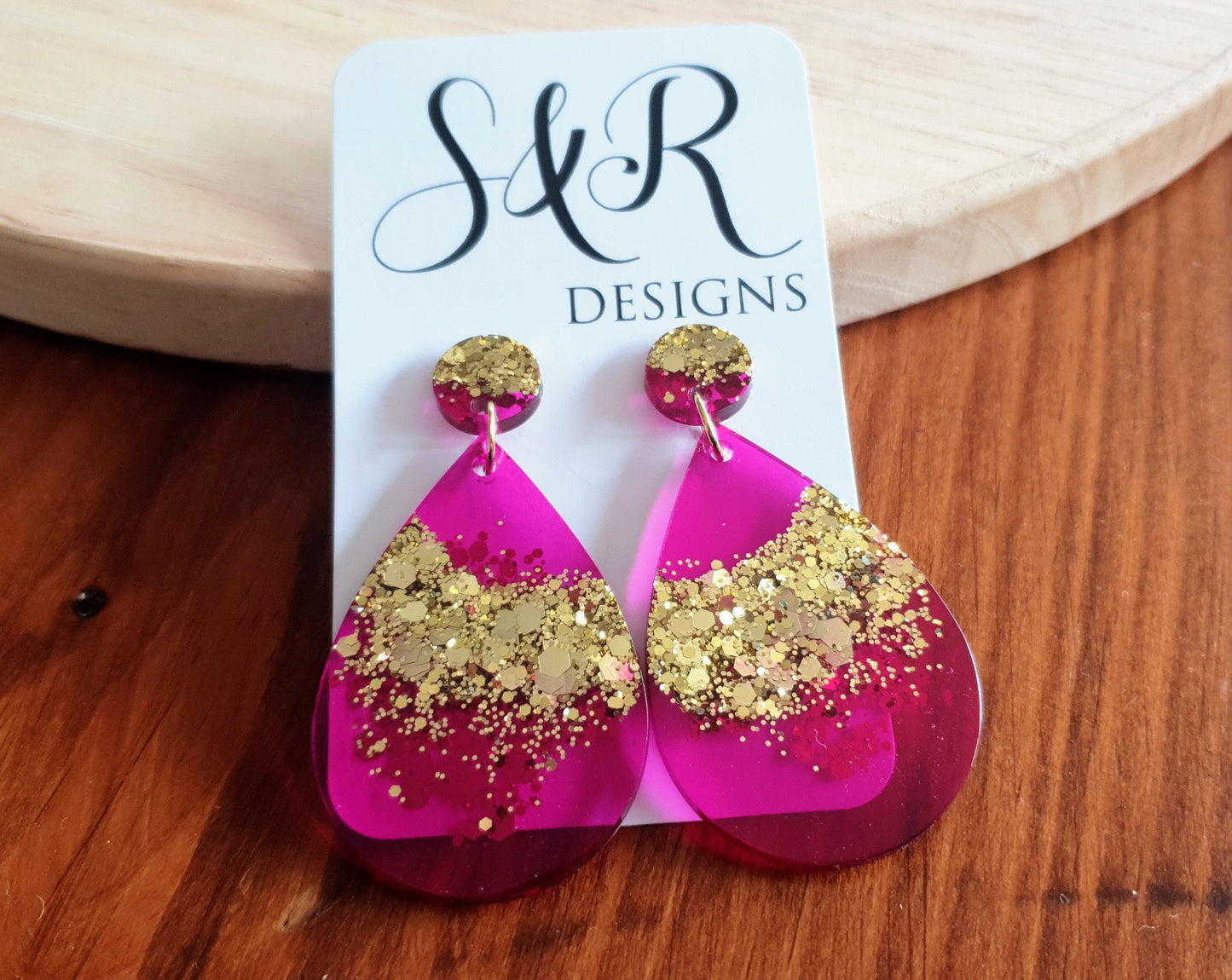 Teardrops Pink Magenta Gold Drop Earrings, Pink with Gold Glitter Resin Dangles, Stainless Steel, Statement Handmade Earrings