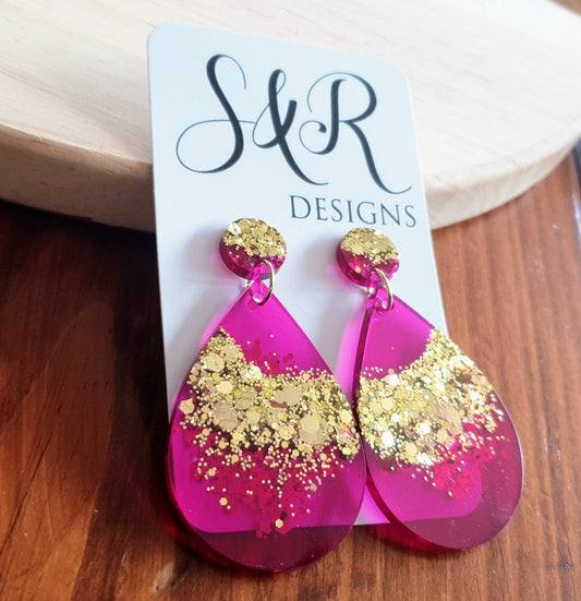 Teardrops Pink Magenta Gold Drop Earrings, Pink with Gold Glitter Resin Dangles, Stainless Steel, Statement Handmade Earrings