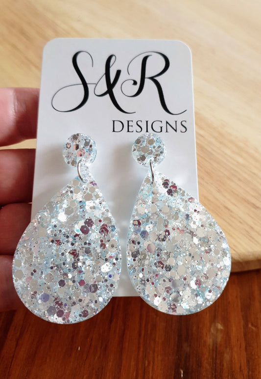 Teardrops Resin Long Salty Blue Earrings, Very Light Blue with Holographic Silver Glitter Resin, Stainless Steel, Statement Earrings