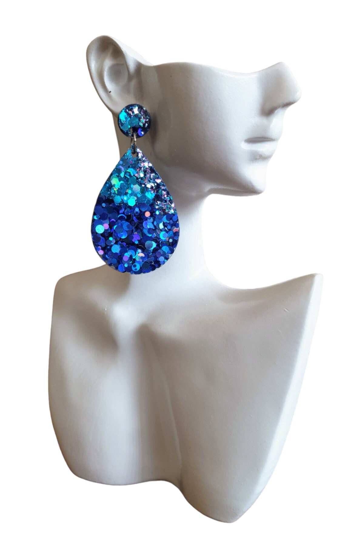 Teardrops Resin Long Multi Electric Blue Earrings, Blue Mix Glitter Resin, Stainless Steel, Statement Earrings