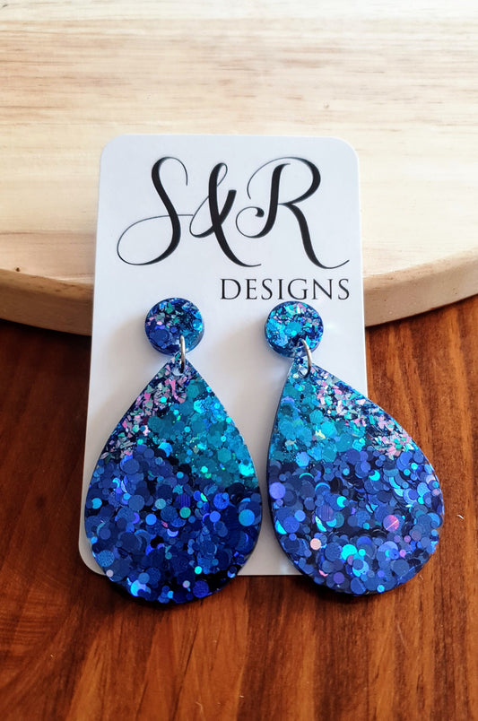 Teardrops Resin Long Multi Electric Blue Earrings, Blue Mix Glitter Resin, Stainless Steel, Statement Earrings