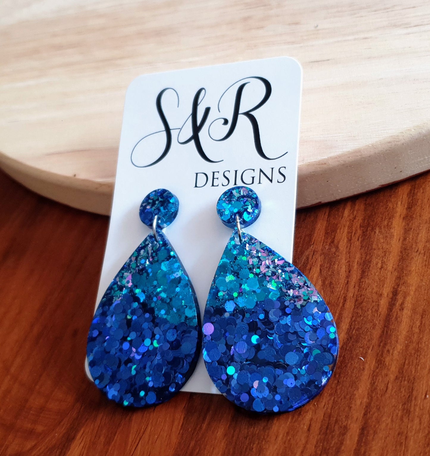 Teardrops Resin Long Multi Electric Blue Earrings, Blue Mix Glitter Resin, Stainless Steel, Statement Earrings