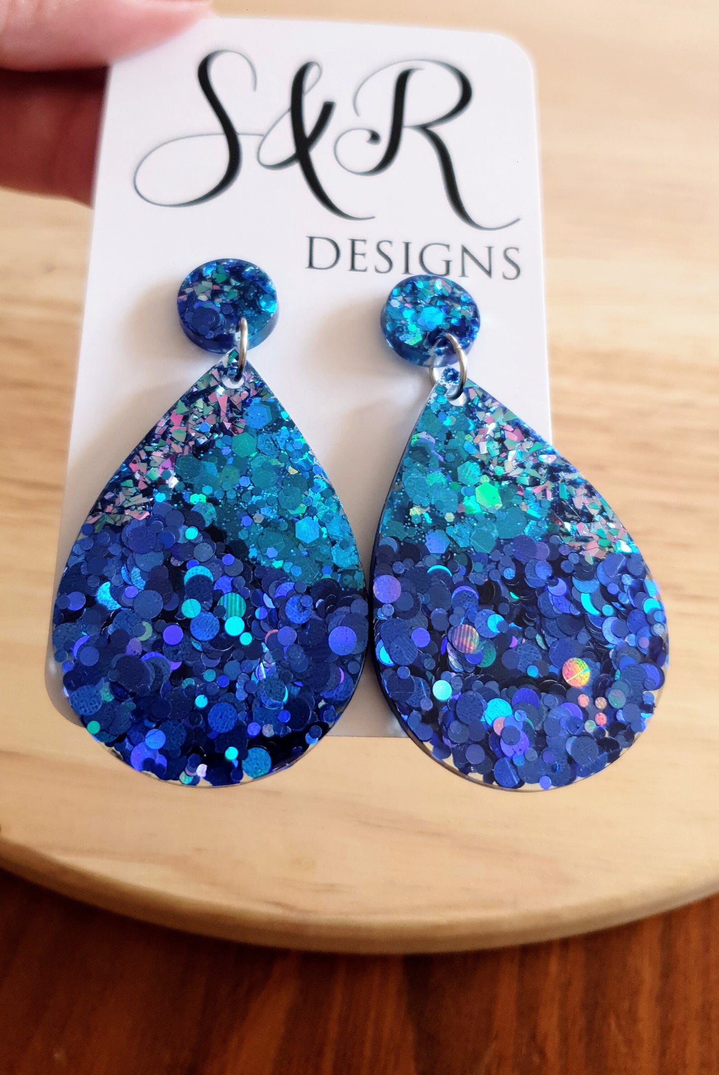 Teardrops Resin Long Multi Electric Blue Earrings, Blue Mix Glitter Resin, Stainless Steel, Statement Earrings